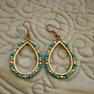 Gold and Turquoise Beaded Teardrop Earrings